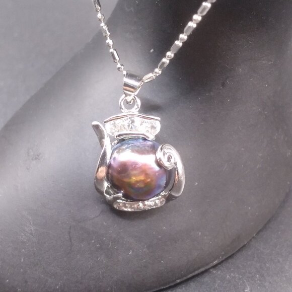 Vintage 18k GP Tahitian Black Pearl Pendant & 18k GP Necklace - Picture 3 of 7